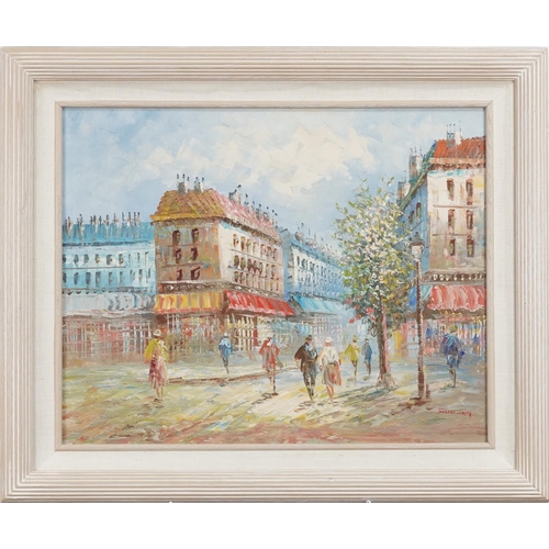 213 - Fourney ? - Parisian street scene, oil on board, contemporary mounted and framed, 50cm x 40cm