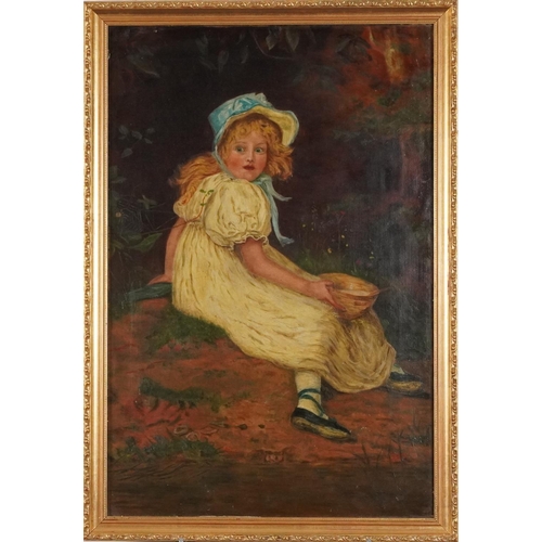 211 - Startled young girl wearing a blue bonnet, oil on canvas, gilt framed, 60cm x 40cm