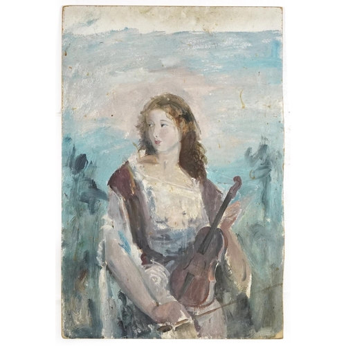 215 - Aurel  Naray - Girl with violin, oil on board, 76cm x 50cm