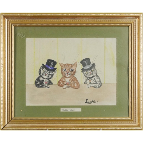 269 - Style of Louis Wain - Comical cats, watercolour intitled Pretty Lady, mounted and framed, 39cm x 18c... 