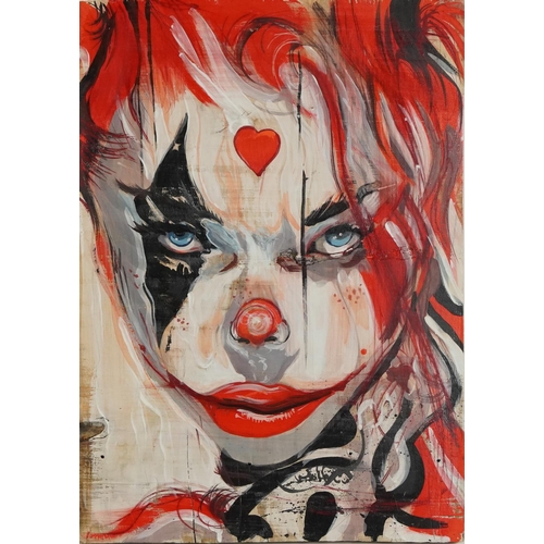 1154 - Red haired clown, acrylic mounted on wood board, framed, 49 x 34cm