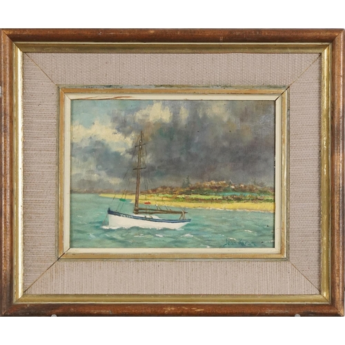 107 - Jean Kevan - Sailing boat in choppy seas off the coastline, oil on board, contemporary mounted and f... 