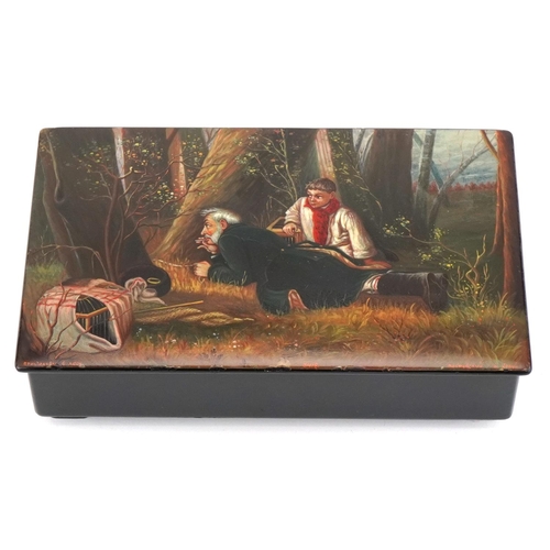 300 - Russian lacquered box hand painted with a hunting scene, signed to the lid, 20cm wide