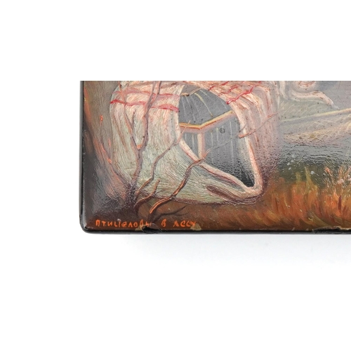 300 - Russian lacquered box hand painted with a hunting scene, signed to the lid, 20cm wide