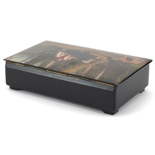 300 - Russian lacquered box hand painted with a hunting scene, signed to the lid, 20cm wide