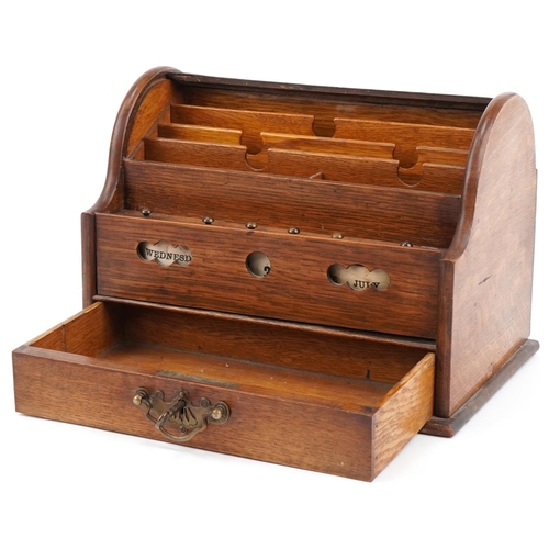 135 - Edwardian oak roll top desk stationery box with calendar and pull out drawer, 23cm H x 30cm W x 20cm... 