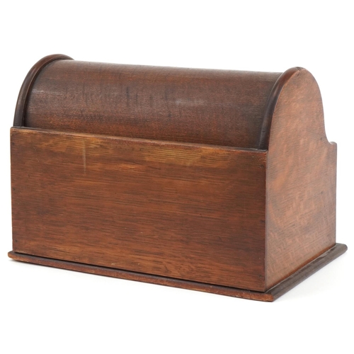 135 - Edwardian oak roll top desk stationery box with calendar and pull out drawer, 23cm H x 30cm W x 20cm... 