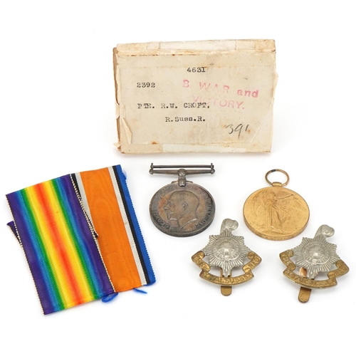 1495 - British military interest World War I medals awarded to PTE.R.W.CROFT R.SUSS.R along with badges