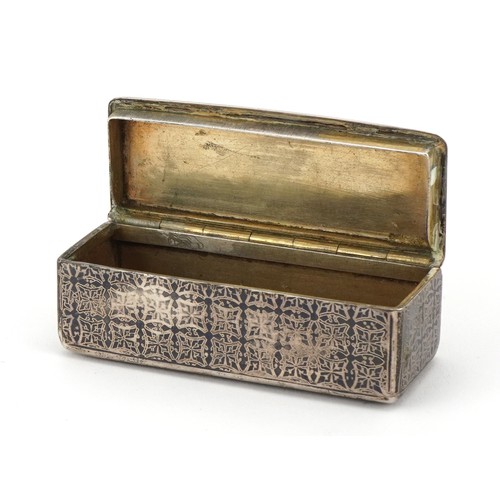 302 - Continental silver Niello snuff box decorated with religious scene, 2.5cm H x 8.5cm W x 3cm D