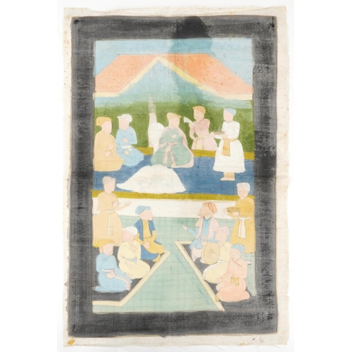 231 - Mughal school silk picture hand painted with gentlemen, unframed, 76cm x 54cm