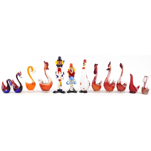 1193 - Art glassware including Murano glass clowns and ducks, the largest 30cm high