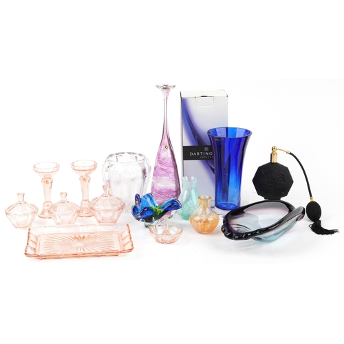 1199 - Art glassware including Art Deco peach glass dressing table set, Webb vase and Dartington Crystal va... 