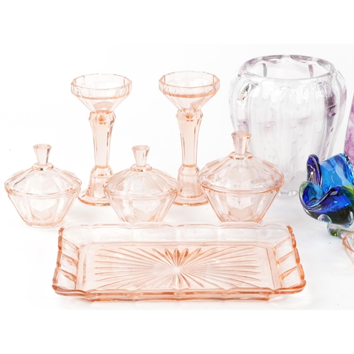 1199 - Art glassware including Art Deco peach glass dressing table set, Webb vase and Dartington Crystal va... 