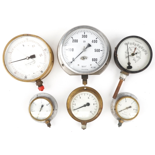 1150 - Six scientific interest pressure gauges including Budenberg, the largest 18.5cm in diameter