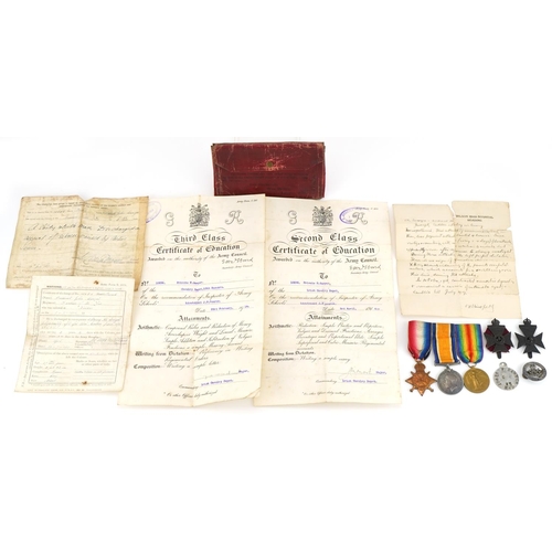 1492 - Military interest World War I medals for CPL.F.J .SAWYER 13th HRS together with dog tag, cap badges ... 