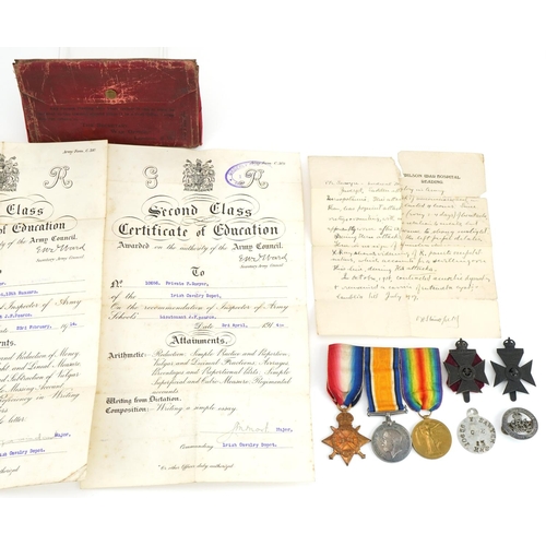 1492 - Military interest World War I medals for CPL.F.J .SAWYER 13th HRS together with dog tag, cap badges ... 