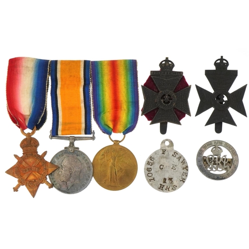 1492 - Military interest World War I medals for CPL.F.J .SAWYER 13th HRS together with dog tag, cap badges ... 