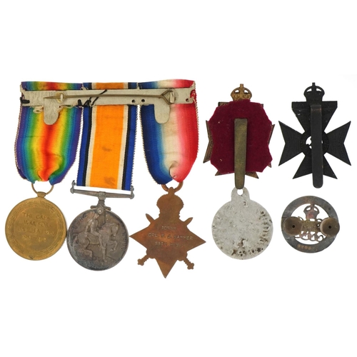 1492 - Military interest World War I medals for CPL.F.J .SAWYER 13th HRS together with dog tag, cap badges ... 