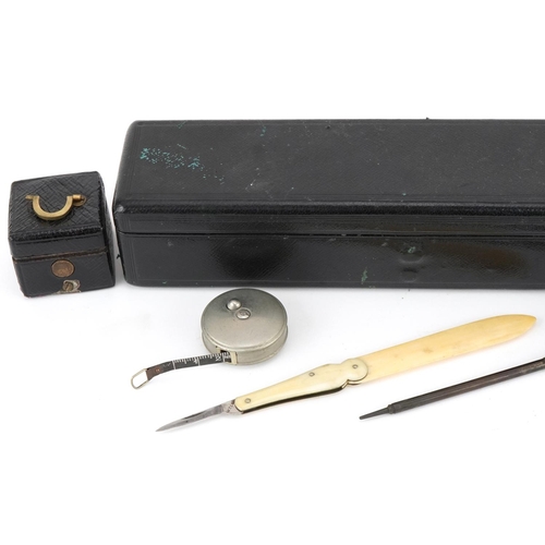 300A - Wells & Lambe, Victorian black leather travelling inkwell desk set with lighter and S Mordan & Co si... 