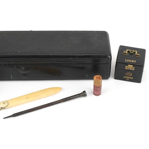 300A - Wells & Lambe, Victorian black leather travelling inkwell desk set with lighter and S Mordan & Co si... 