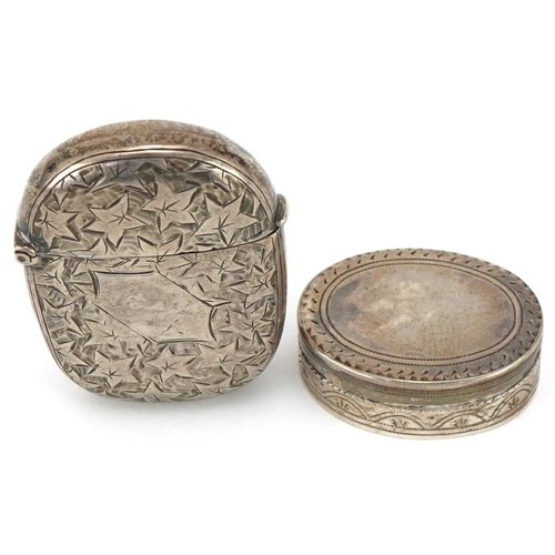 304 - George III silver pillbox with gilt interior and a silver vesta engraved with vines, the pillbox by ... 