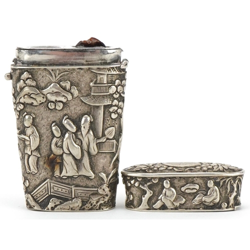 181 - Chinese silver etui embossed with figures before pagodas and trees, impressed marks to the base, 6cm... 