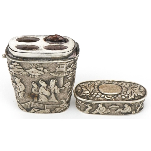 181 - Chinese silver etui embossed with figures before pagodas and trees, impressed marks to the base, 6cm... 