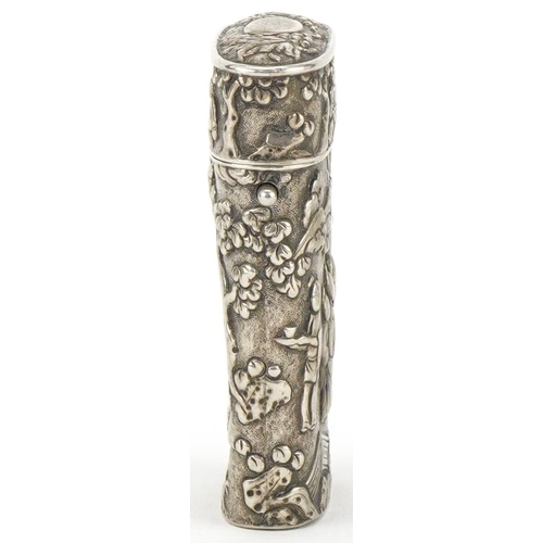 181 - Chinese silver etui embossed with figures before pagodas and trees, impressed marks to the base, 6cm... 