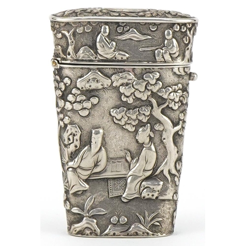 181 - Chinese silver etui embossed with figures before pagodas and trees, impressed marks to the base, 6cm... 