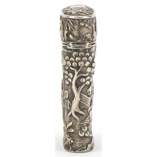 181 - Chinese silver etui embossed with figures before pagodas and trees, impressed marks to the base, 6cm... 