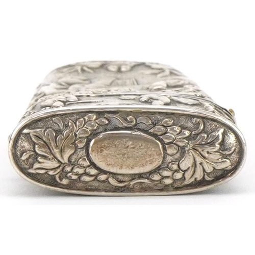 181 - Chinese silver etui embossed with figures before pagodas and trees, impressed marks to the base, 6cm... 