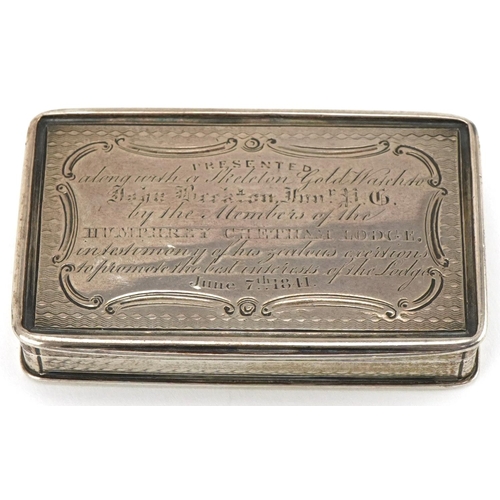 303 - Nathanial Mills, Victorian silver snuff box with gilt interior, the hinged lid with a masonic presen... 