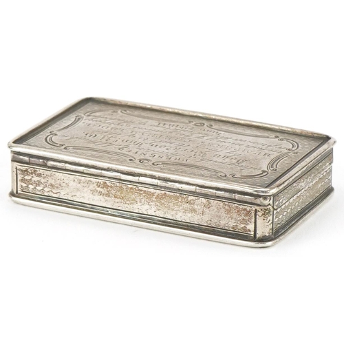 303 - Nathanial Mills, Victorian silver snuff box with gilt interior, the hinged lid with a masonic presen... 