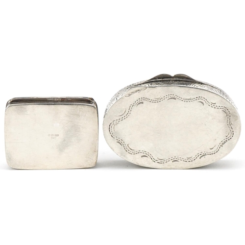 305 - Two silver snuff boxes including a German 800 grade oval example, the largest 5cm wide, total 30.0g