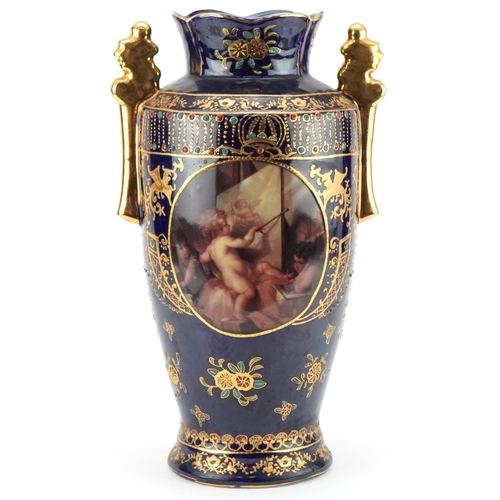 1168 - Royal Vienna style blue glazed porcelain vase hand gilded and transfer printed with Putti, 39cm high