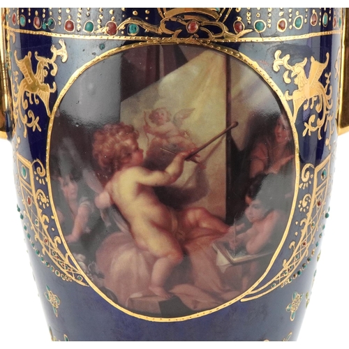 1168 - Royal Vienna style blue glazed porcelain vase hand gilded and transfer printed with Putti, 39cm high