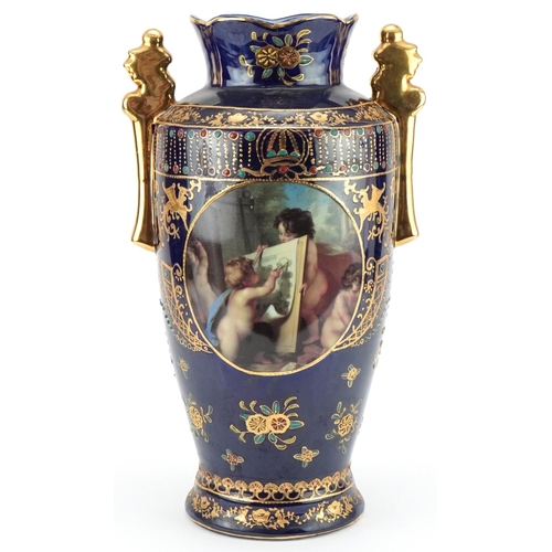 1168 - Royal Vienna style blue glazed porcelain vase hand gilded and transfer printed with Putti, 39cm high