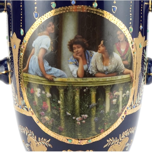 1097 - Royal Vienna style blue glazed porcelain twin handled vase and cover hand painted and transfer print... 