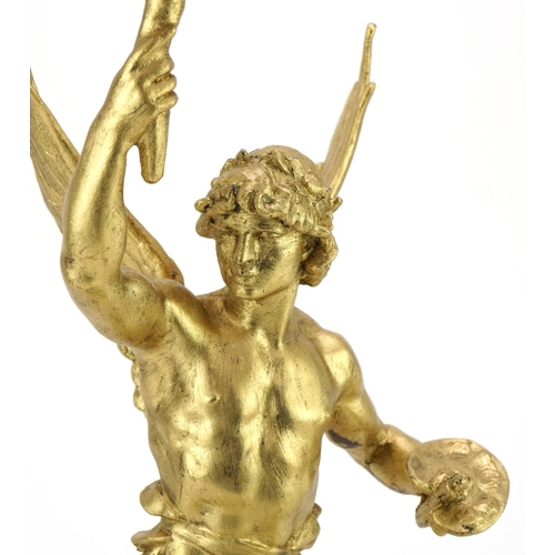 94 - After Marcel Debut, gilt spelter table lamp in the form of Le Génie des Arts, 57cm high