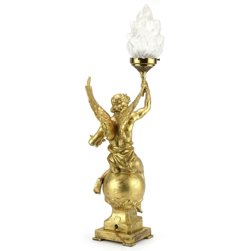 94 - After Marcel Debut, gilt spelter table lamp in the form of Le Génie des Arts, 57cm high