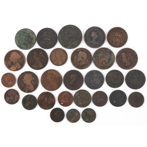 1258 - British and world copper coins to include farthings, pennies, French francs and an Irish 1822 George... 