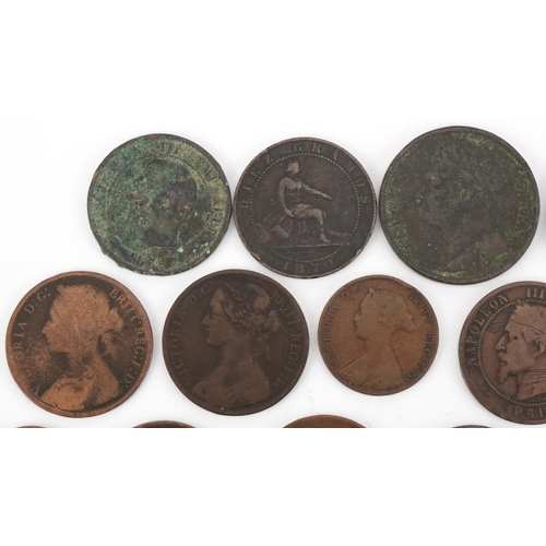 1258 - British and world copper coins to include farthings, pennies, French francs and an Irish 1822 George... 