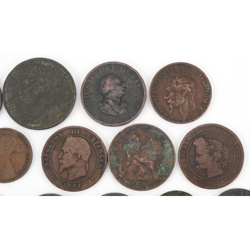 1258 - British and world copper coins to include farthings, pennies, French francs and an Irish 1822 George... 