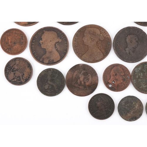 1258 - British and world copper coins to include farthings, pennies, French francs and an Irish 1822 George... 