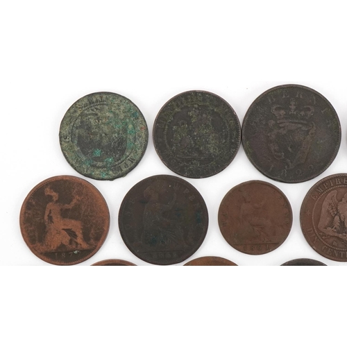 1258 - British and world copper coins to include farthings, pennies, French francs and an Irish 1822 George... 