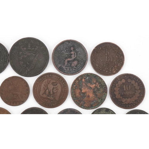 1258 - British and world copper coins to include farthings, pennies, French francs and an Irish 1822 George... 