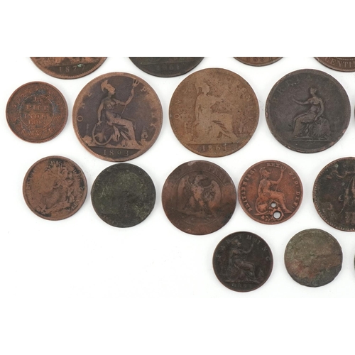 1258 - British and world copper coins to include farthings, pennies, French francs and an Irish 1822 George... 