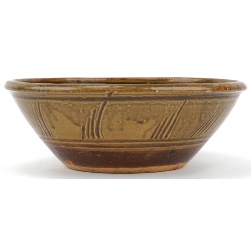 331 - Mark Hewitt Wenford Bridge studio pottery bowl hand painted with an abstract design, 35cm in diamete... 