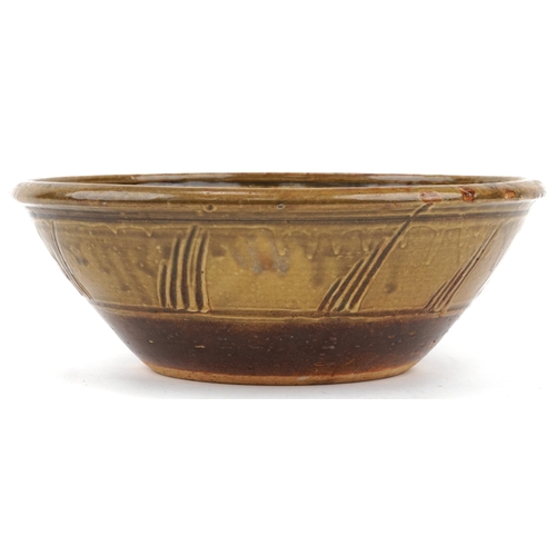 331 - Mark Hewitt Wenford Bridge studio pottery bowl hand painted with an abstract design, 35cm in diamete... 