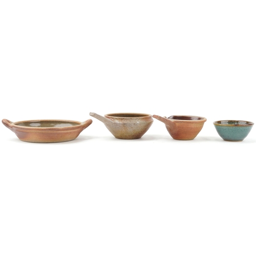 333 - John Leach studio pottery twin handled bowl, two pourers and a Michael Leach studio pottery bowl, th... 